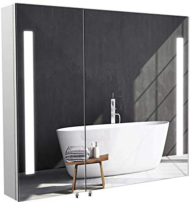 Homfa Armario de Pared Armario Baño con Espejo Armario Baño con Luz LED 2 Puertas 2 Compartimentos de Acero Inoxidable 76x66x13cm