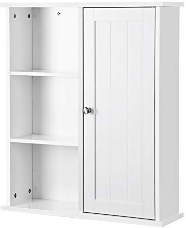 VASAGLE Armario de Pared Armario suspendido Armario Colgante Armario de baño Botiquín Armario Lateral 1 Puerta y estantes Balda Ajustable sin Espejo Blanco 60 x 18 x 71 cm BBC20WT