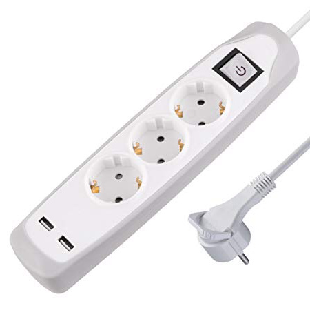 Electraline Gummy 62153 Regleta Base 3 Enchufes y 2 USB 2.1A - Cover de silicona - cable 2 m clavija plana