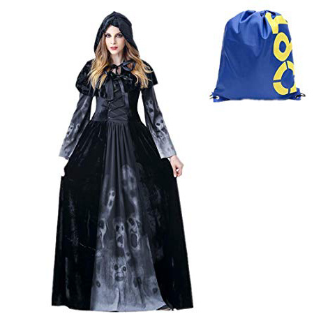 Vampiresa Sacerdotisa Disfraz de Cosplay, Bruja Fantasma Reina Mujer Fiesta Largo Terciopelo Vestido Capucha,Espeluznante Vampira Disfraces Gotico Halloween Medieval Zombie Carnaval(Negro,XL)