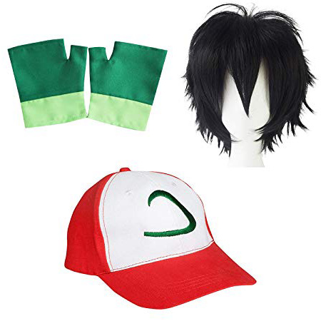 Pokemon Trainer Ash Ketchum Cap Gorra + Guantes + Peluca - Conjunto de Disfraces para Adultos y Niños Carnaval y Cosplay - Mujeres Hombres