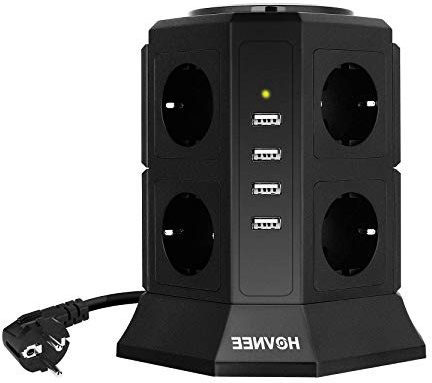 HOVNEE Regleta Vertical Enchufes de 8/12 Tomas Corrientes y 4/5 Rápida USB Tomas, Alargadora Cable de 2m con Protección y Interruptor, Base Múltiple, Tapón de Seguridad, 2500W/10A (12-EN-1)