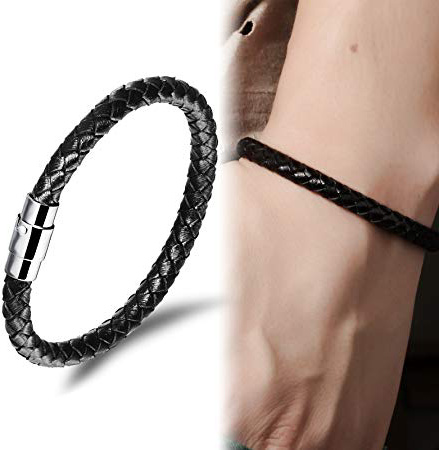 Brazalete negro para hombres Pulsera trenzada de cuero genuino de acero inoxidable, brazalete con dijes niños, brazalete de cuero humano favorito con cierre de alambre de acero inoxidable (20,5 cm)