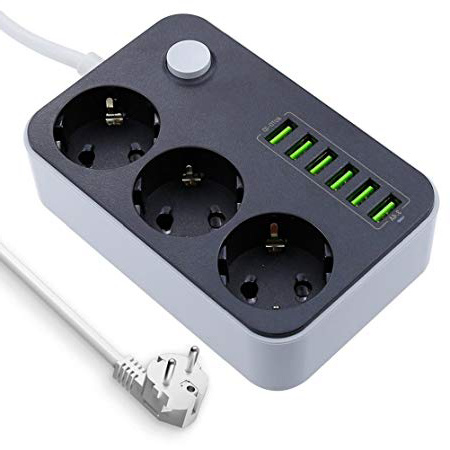 Regleta Enchuf, SiegenPro Regleta Enchufes de 3 Tomas y 6 Puertos de USB, Regleta Enchufes USB Alargadora cable con 1.6 Metros Potencia 2500w 3.4A 5V Tensión Nominal AC100-250V Protection para niños
