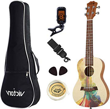 Conjunto de ukelele de concierto de pícea y madera de caoba, 58 cm, con funda, afinador, púas, cuerdas de nailon Aquila y correas, de estilo pictórico
