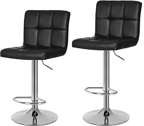 SONGMICS 2 x Taburete de Bar con Respaldo Regulable en Altura y Giratorio Cromado de Cuero sintético Negro LJB64B