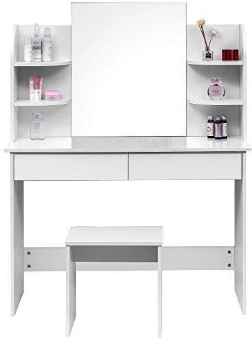WOLTU Tocadores con Taburete y Espejo Mesa de Maquillaje Brillante con 4 Estantes 108x40x142cm Blanco MB6044ws