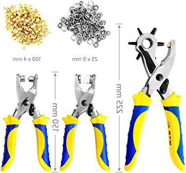 
                
                    
                    
                

                
                    
                    
                        S&R Juego Alicate Sacabocados para Cuero y Remachadora de Ojales (con 100 Ojales de 4 mm) + Alicate de Botónes Rapidos (con 25 botónes de 9mm). Punzones de: 2, 2.5, 3, 3.5, 4, 4.5 mm Linea Meister.
                    
                

                
                    
                    
                
            