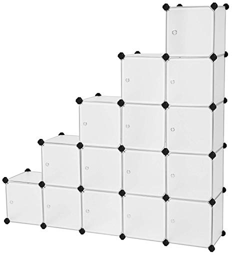 SONGMICS Armario Modular con 16 Cubos, Montaje en Bricolaje, Armario de Almacenamiento de Plástico, con Puertas, Estable, Instalación Sencilla, LPC44BS