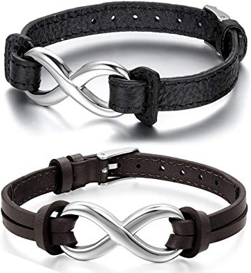 Pulseras de cuero con el símbolo de infinito; 23 cm longitud ajustable, modelo en plata o negro de Cupimatch