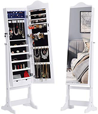 LANGRIA Espejo Joyero, Armario para Joyas, Lacado Blanco y Terciopelo Negro Interior, Regalo Ideal para los Cumplea?os y la Navidad
