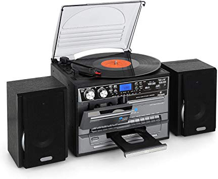 Auna TC-386 - Equipo de música Tocadiscos , Minicadena Hi-fi , Radiocasete , Altavoces estéreo , Reproductor de CD , Compatible MP3 , Digitalizador USB , Ranura SD , Radio FM , Control Remoto , Negro
