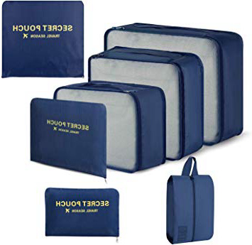 Newdora 7 en 1 Set de Organizador de Equipaje Viaje con Bolsa de Zapato,Impermeable Organizador de Maleta Bolsa para Ropa Sucia de Viaje, Portatrajes de Viaje, Material Nylon, Azul Oscuro