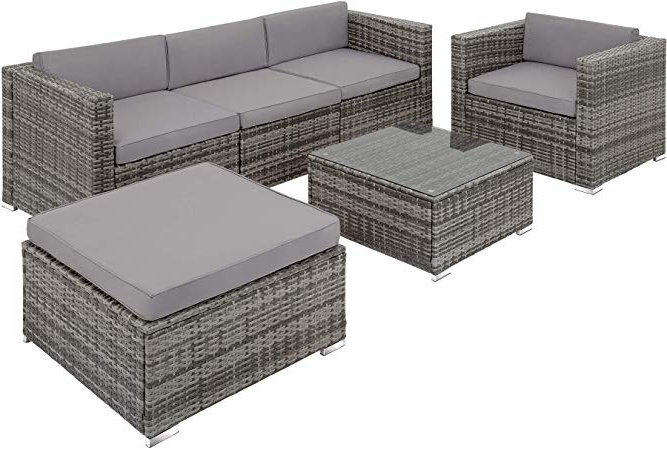 TecTake 403220 Conjunto Tresillo de Ratán, Set Muebles de Jardín, Incl. Mesa con Cristal, Ideal Exterior Patio Terraza, Gris