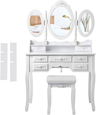 SONGMICS Tocador, Taburete y Espejo, 7 cajones, 3 Espejos, Dimensions (L*W*H): 90.0 x 40 x 145 cm
