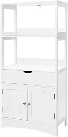 VASAGLE Gabinete de Baño con Cajón, Estantería Alta para Baño, Mueble de Baño Auxiliar con 2 Estantes Abiertos y Armario de Doble Puerta, para Entrada, Cocina, Sala de Estar, Blanco, BBC64WT