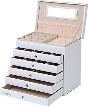 Yorbay Caja de joyería blanca de cuero con 5 cajones, bloqueo y espejo entegrado en la tapa(5 cajones, blanca)