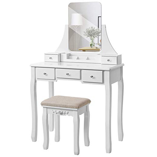 VASAGLE Tocador moderno, Mesa de Maquillaje en MDF y Pino, con Espejo sin Marco, con Caja Móvil, Taburete de Madera de Goma, 5 Cajones, para Dormitorio, Vestidor, Blanco RDT25WT