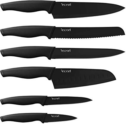 hecef 6 Piezas Juego de Cuchillos con Recubrimiento Negro, Resistente a la Corrosión y los Rasguños, Acero Inoxidable Duro, Equipado con Mango Cómodo y Funda de Cuchillo