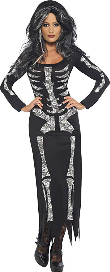 Smiffy's Smiffys-38873M Halloween Disfraz de Esqueleto, con Vestido ceñido de Manga Larga, Color Negro, M - EU Tamaño 40-42 38873M