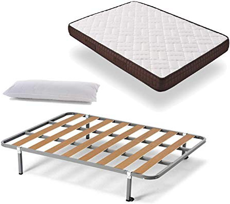 HOGAR24 ES Cama Completa - Colchón Viscobrown Reversible + Somier Basic + 4 Patas + Almohada Fibra, 135x190