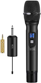 TONOR Micrófono Inalámbrico de Mano 25 Canales UHF con Mini Receptor Portable 1/4" Salida, para Iglesia/Casa/Karaoke/Reunión de Negocio, Negro