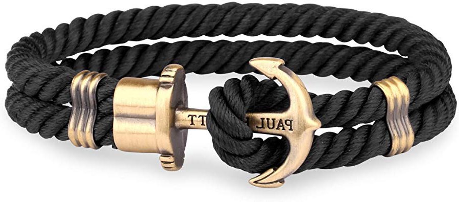Paul Hewitt Pulsera para Hombre PHREP - Pulsera de Nylon Negro con Ancla, Brazalete de Hombre con Cuerda de Vela y Ancla, Accesorio de Acero Inoxidable de Color latón