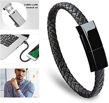 Bsolli Pulsera Cable de carga Pulsera trenzada de cuero portátil Pulsera Micro USB 2.0 Cable de datos para Samsung, Nexus, LG, Sony, HTC, Motorola, HAIWEI y más (9.1 pulgadas,negro)