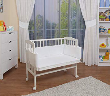 WALDIN Cuna colecho para bebé, cuna para bebé, con protector y colchón, lacado en blanco,color textil blanco
