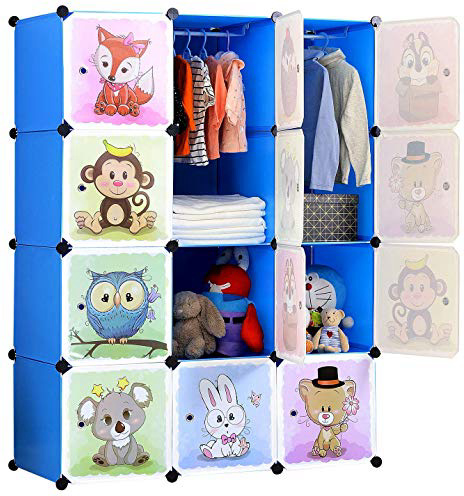 BRIAN & DANY Armario Modular Infantil de Puertas con motivos de Animales Estanterías por Módulos Armario de Almacenaje, Azul, 110 x 47 x 147 cm