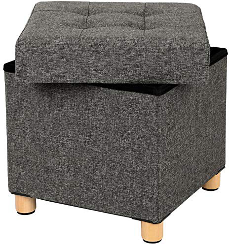 SONGMICS Puff Baúl Plegable Cuadrado Taburete de Almacenamiento Tapizado en Esponja con Patas de Madera Maciza con TapaGris Oscuro LSF14GYZ