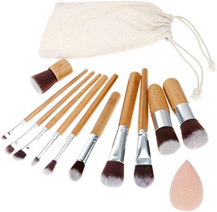 Rovtop 13 en 1, 11 Unidades Brochas y Pinceles de Maquillaje con Mango de Bambú /Juego de Cepillo de Maquillaje y Esponja para Maquillar, Incluido el Estuche