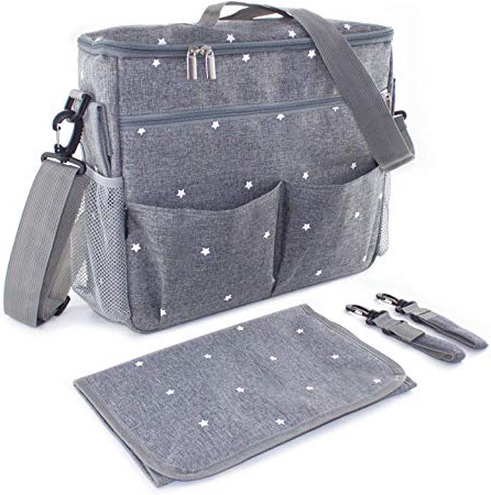 Bolso cambiador para carrito de bebé. Organizador con interior térmico, ganchos y correa universal. Compacto y moderno. Gris/estrellas.
