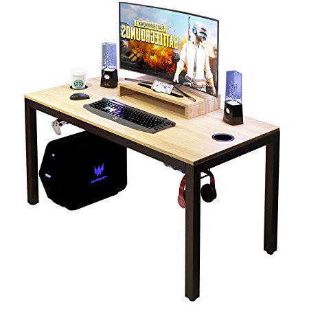 DlandHome Escritorio para computadora de Juegos, Mesa de Juego/estación de Trabajo de 120 * 60 cm con Soporte para Monitor, Teca & Negro