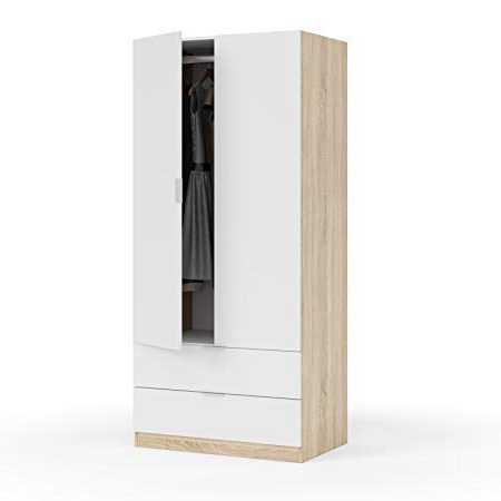 Habitdesign LC1222F - Armario Dos Puertas, Acabado en Color Roble Canadian y Blanco Artik, Medidas: 180 x 81 x 52 cm de Fondo