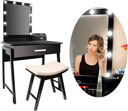 CCLIFE Tocador con Espejo Bombillas para Maquillaje Taburete Acolchado y Cajones Grandes, Color:DSMKT018A0000swz