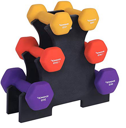 SONGMICS Juego de 6 Mancuernas, 3 Pares de 1
kg, 1,5 kg y 2 kg, con Soporte, Varios Pesos y Colores para
Gimnasio y Entrenamiento en Casa, Resistentes al Sudor y a
la Humedad, Mate SYL69BK
