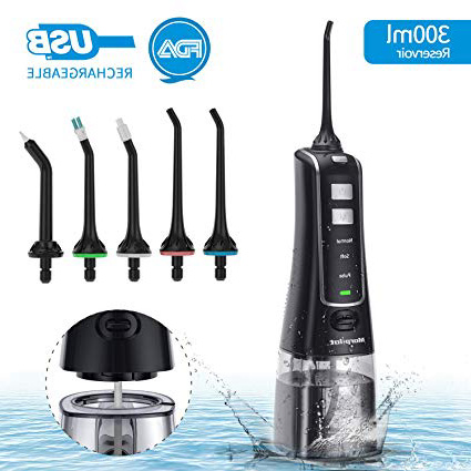 Irrigador Bucal Portátil 300ml, 3 Modos de Presión Ajustable Irrigador Dental 5 Boquillas USB Recargable IPX7 Tanque Desmontable Irrigador Bucal de Viaje perfecto para Higiene Dental Regalo Familiar