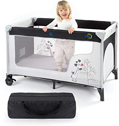 Fillikid Cuna de viaje para bebé jirafa - 120 x 60 cm, de 0 a 3 años - Cama plegable con colchón, bolsa de transporte, ruedas y entrada lateral
