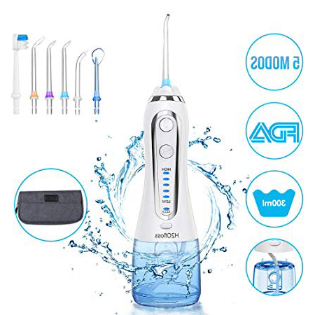 ESSEASON Irrigador Bucal Portátil Profesional - 5 Modos Irrigador Dental Recargable, 300ml Tanque de Agua Extraíble, IPX7 Impermeable con 6 Boquillas para Limpieza Dental