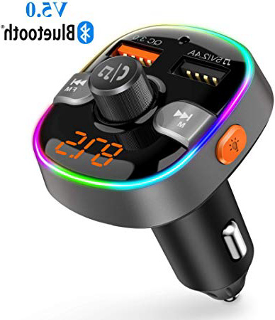 Nuevo Versión Transmisor FM Bluetooth 5.0 Manos Libres para Coche con 2 USB 5V 2.4A & 3.0A QC 3.0 Carga Rápida Cargador Coche, 7 Colores Reproductor MP3 Coche Soporte U Disk &Tarjeta TF 64G
