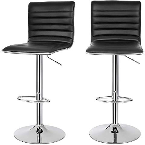 Songmics Juego de 2 Taburetes de Bar Sillas de Cocina Cromado PU Ajustable 94-114 cm Base Φ41 Negro, LJB65B, 40 x 42 x (94-114) cm