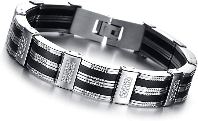 Pulsera para Hombre Acero Inoxidable Silicona Punk Rock Brazalete Biker Chulo con Rayas Regalo Navidad San Valentín, y Plata
