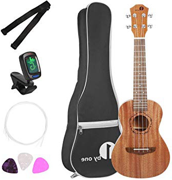 1 BY ONE Ukelele Concierto de caoba de 23 inch con sintonizador digital incluido, 3 púas, correa y estuche negro