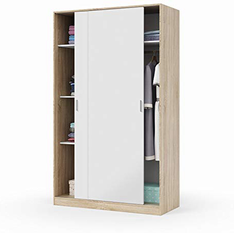 Habitdesign MAX120F - Armario Dos Puertas correderas, Armario ropero Tres estantes, Medidas: 200 x 120 x 50 cm (Blanco Artik y Roble Canadian)