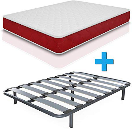Duermete Colchón Viscoelástico Lite Reversible + Somier Reforzado | Láminas Anchas Haya | Taco Anti-Ruido + Juego de Patas 27cm, Tubo Acero 40 x 30 mm, 135x190