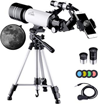 BEBANG Telescopio Astronómico, HD Telescopio de refracción de 70 mm con Adaptador de Teléfono, Filtro de Luna, 2 oculares, Ajustable Mochila y Trípode