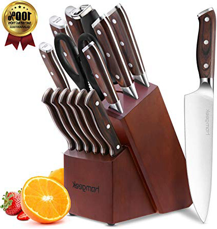 homgeek Cuchillo de Cocina Profesionales, Juego Cuchillos Cocina Hecho de acero inoxidable 1.4116 alemán, Incluye Afilador de Cuchillos, Tijeras, Bloque de Madera, 15 Piezas