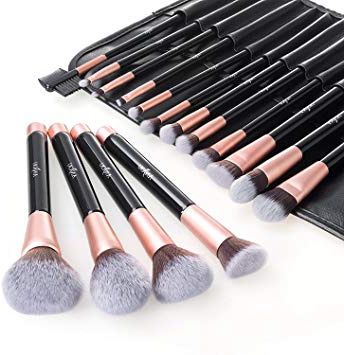 Anjou Brochas de Maquillaje 16 Piezas con Bolsa Rodillo PU, Brochas Maquillaje Cerdas de Fibra Sintética Suaves y sin Crueldad para Ojo,Rubor, Oro Rosa