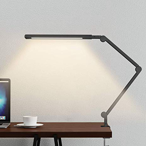 Lámpara Escritorio LED, Wellwerks 9W Lámpara de Mesa Abrazadera Brazo Oscilante Luz Regulable con 6 Modos de Color + Temporizador + Memoria para Lectura Trabajo Oficina (Negro)